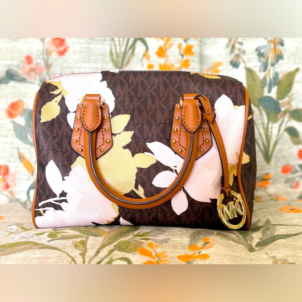 Michael Kors Aria Small Satchel Shoulder Bag Brown Signature Yellow Floral